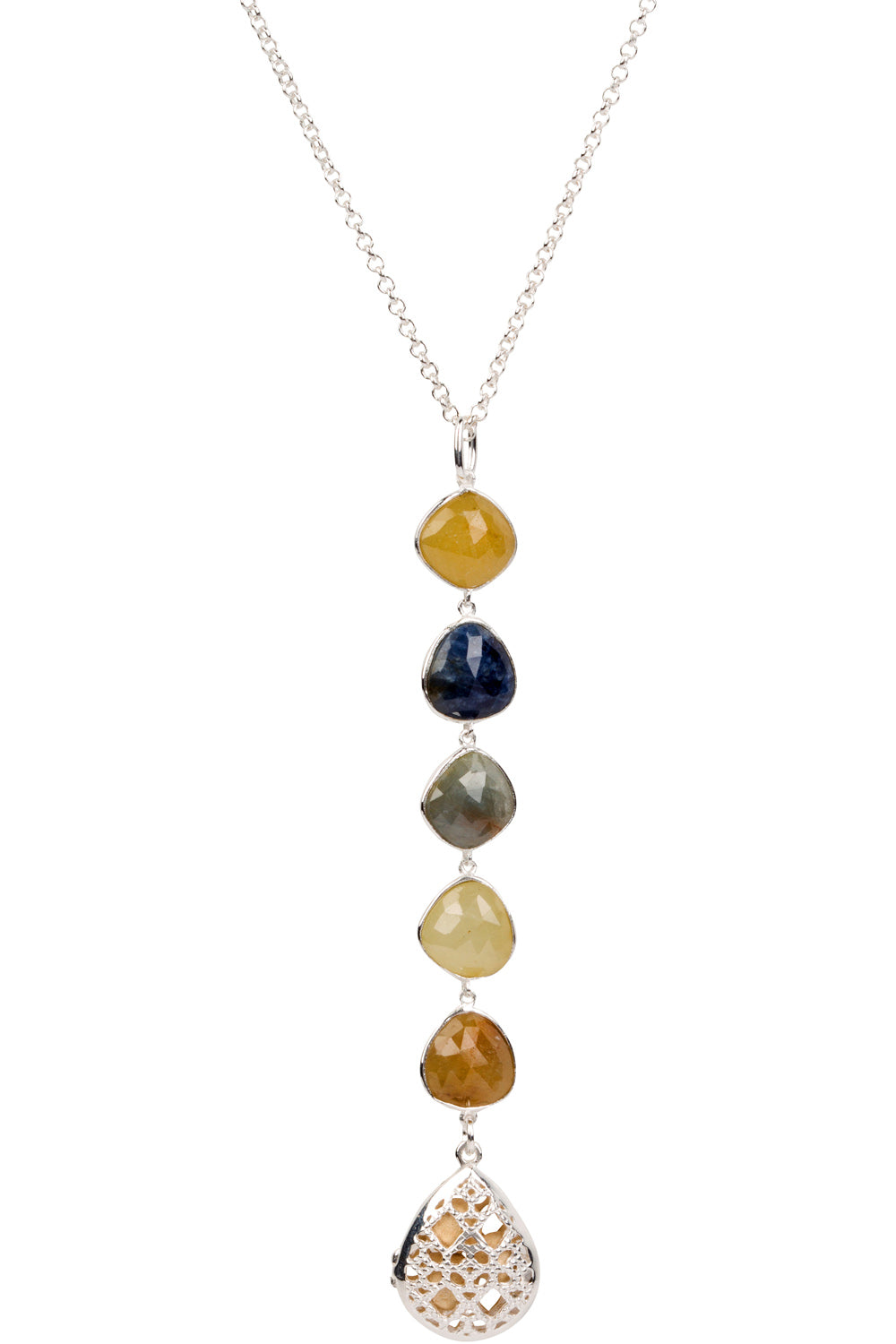 Indian Ruby and Sapphire Drop Necklace - Silver